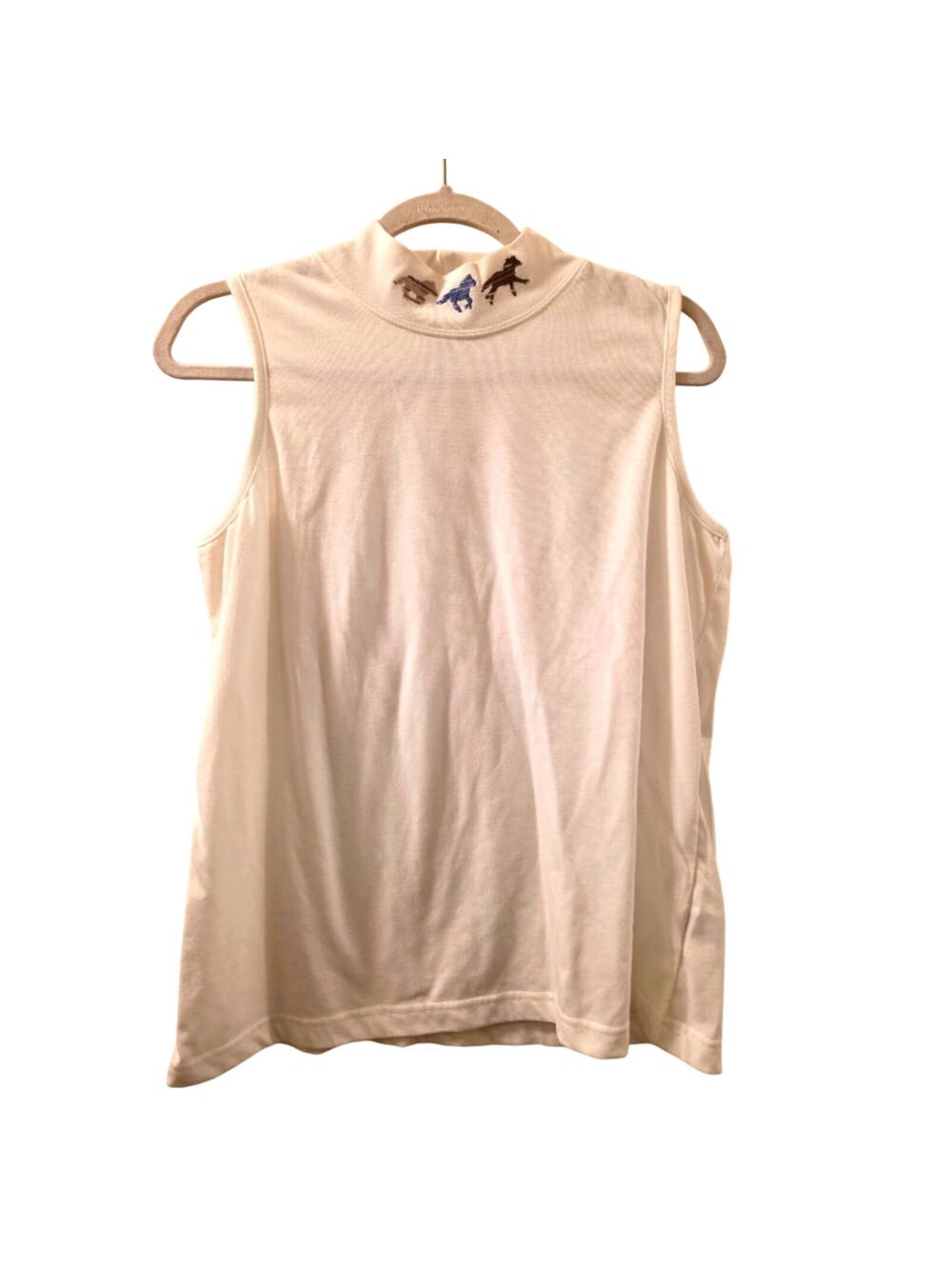 Vtg 90s Running Horse Embroidered Mock Neck White Sleeveless Top Tank Size L
